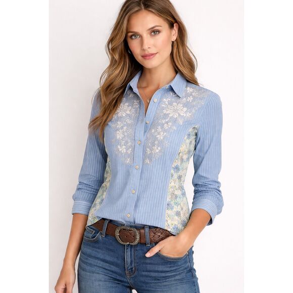 3J Johnny Was Embroidered Western Snap Shirt Small Blue